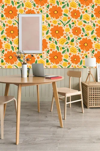 Vista 2 de Papel Tapiz Floral Vintage Despegar y Pegar Amarillo Flores Brillantes Autoadhesivo Removible Papel Tapiz Calcomanías de Pared para Hogar Dormitorio
