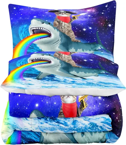 Vista 4 de LUVIVIHOME Juego de edredón divertido de 2 piezas con diseño de gato, tamaño individual, morado, galaxia, azul, olas oceánicas, arco iris, lindo