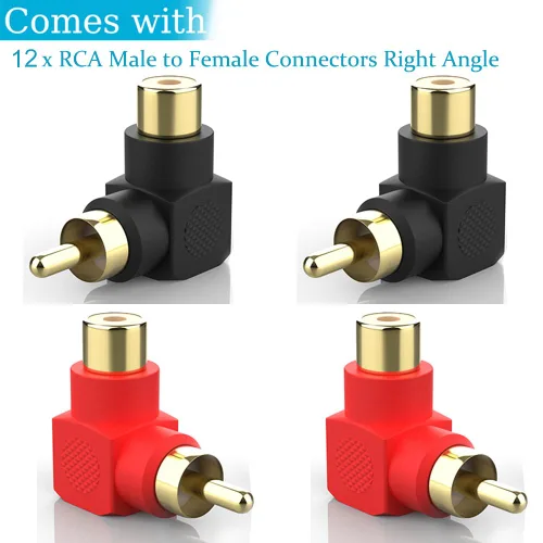 Vista 2 de Conectores RCA macho a hembra en ángulo recto, paquete de 12 adaptadores RCA M/F de 90 grados, codo chapado en oro (6 negros + 6 rojos)