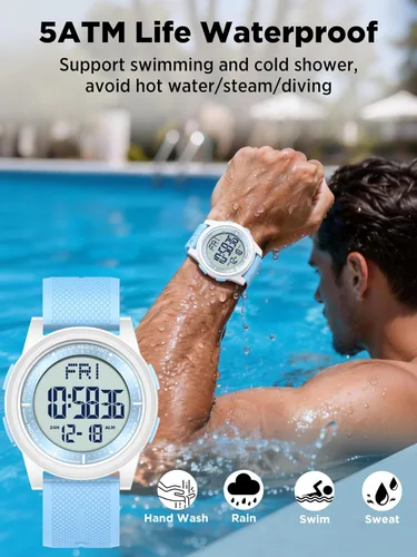 Vista 91 de Beeasy - Reloj digital de pulsera resistente al agua con cronómetro, alarma, cuenta regresiva, doble zona horaria, ultrafino, pantalla angular muy