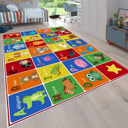 Vista 7 de ABC - Alfombra de animales del alfabeto, tapete educativo de juego de aprendizaje de letras para niños, tapete de piso para gatear en el dormitorio
