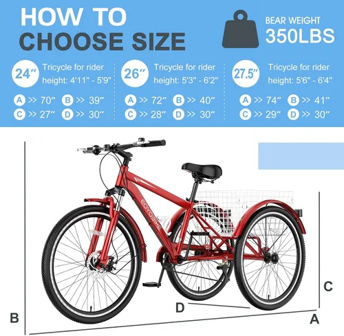 Vista 6 de Slsy Triciclo de montaña para adultos, bicicleta de tres ruedas de 7 velocidades, triciclos para adultos de 24/26 pulgadas para personas mayores