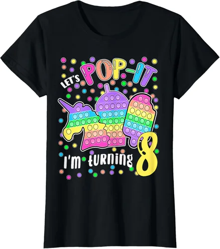 Vista 32 de Let's Pop-it I'm turning 8 Colorful 8th Birthday - Camiseta para niña, Negro