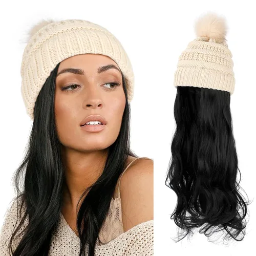 Vista 11 de AynnQueen - Gorro de invierno con extensiones de cabello desmontables para mujer.