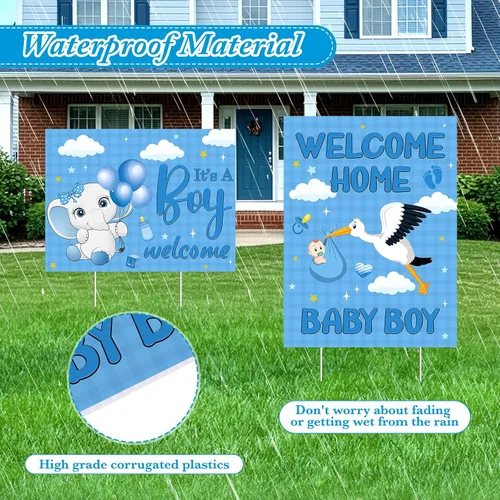 Vista 4 de 2 carteles decorativos de bienvenida para el patio del bebé, niño y niño, con estacas, diseño de elefante azul para baby shower, suministros