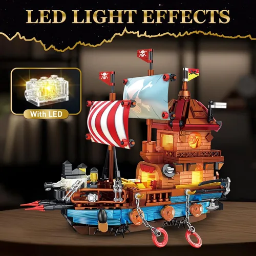 Vista 3 de Vziimo Juegos de construcción de barcos piratas con luces, modelo creativo de barco, barco pirata, juguetes de construcción para decoración