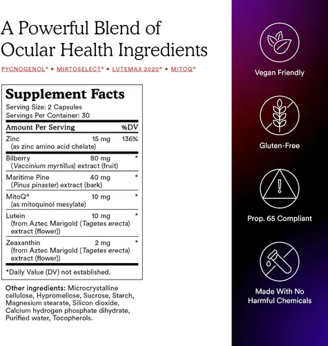 Vista 5 de MitoQ +Eye – Suplemento de salud ocular con luteína y zeaxantina (proporción 5: 1), arándano, corteza de pino marítimo, zinc, mitoquinol Apoya