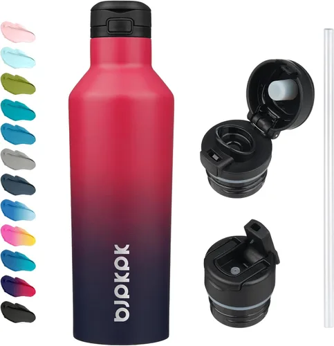 Vista 23 de BJPKPK Botella de agua aislada con pajilla, botellas de agua de acero inoxidable de 17 onzas con 2 tapas y asa de transporte, botella térmica
