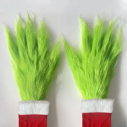 Vista 5 de Hefnoya Guantes de felpa de monstruo verde para adultos y niños, disfraz de Papá Noel de Navidad, accesorios de máscara de manos verdes, Guantes