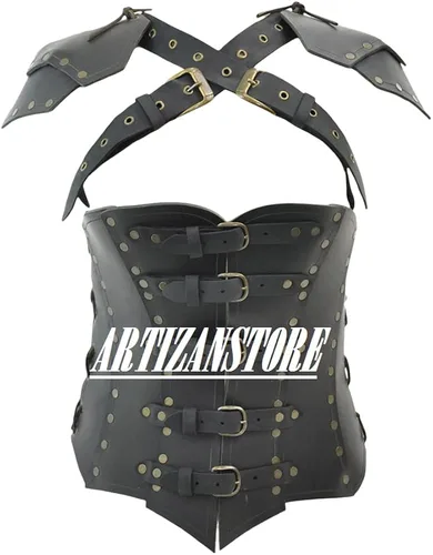 Vista 3 de ARTIZANSTORE Corsé medieval de cuero para mujer con pauldron, armadura de cuero para LARP y cosplay, negro, adulto