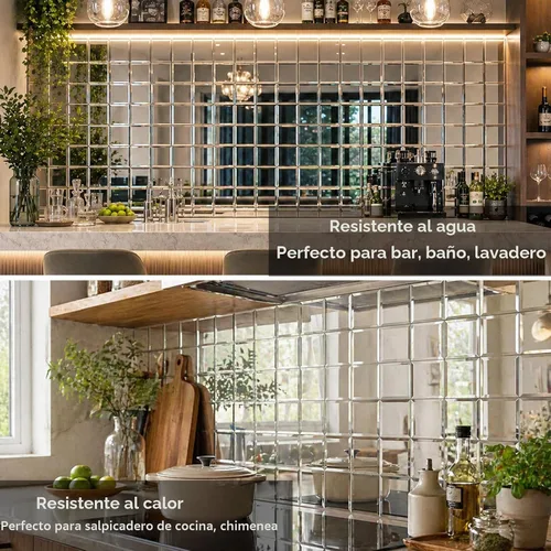 Vista 5 de Diflart 32 azulejos de espejo para despegar y pegar, plateado, 3 x 3 pulgadas, espejo biselado cuadrado para cocina, azulejos de pared