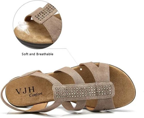 Vista 3 de VJH confort - Sandalias planas para mujer con diamantes de imitación, puntera abierta, elásticas, sin cordones, cómodas, informales, para caminar