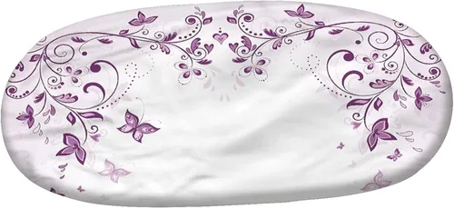 Vista 3 de Mantel ovalado ajustable para mesa de patio, poliéster elástico morado, con estampado de ramas nostálgicas simétricas, se adapta a mesas ovaladas