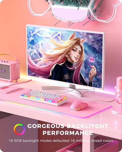 Vista 2 de Seenda Pudding Hacker 61 Teclado mecánico para juegos, mini teclado con cable 60% de dos tonos blanco rosa con retroiluminación RGB personalizable