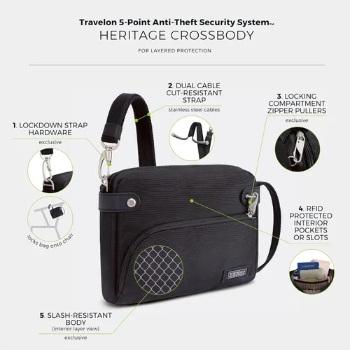 Vista 4 de Travelon - Bolso bandolera Heritage antirrobo, pequeño Negro