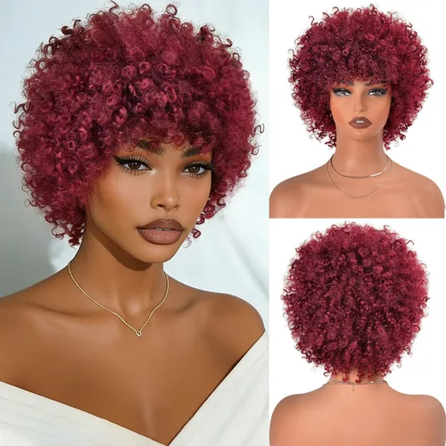 Vista 35 de Vitorish Peluca corta afro rizada con flequillo para mujeres negras, peluca sintética resistente al calor, color negro natural, para uso diario