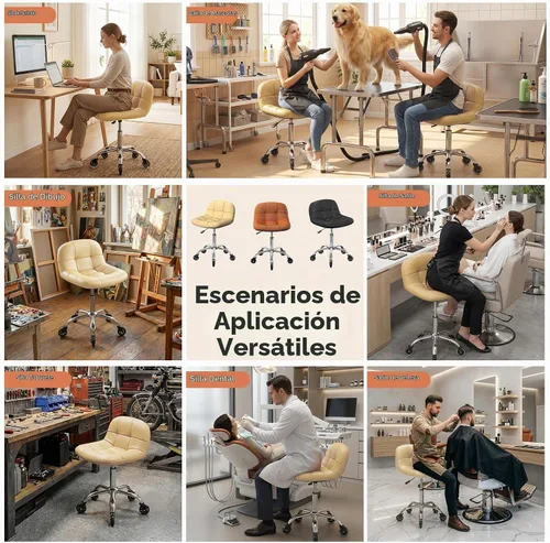 Vista 5 de Taburete enrollable con ruedas, taburete ajustable en altura con soporte para la espalda, silla de dibujo de oficina con cojín de piel sintética