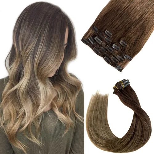 Vista 21 de Extensiones de cabello con clip Ubetta de cabello humano real, extensiones de cabello negro azabache con clip, 7 piezas, 70 g, extensiones