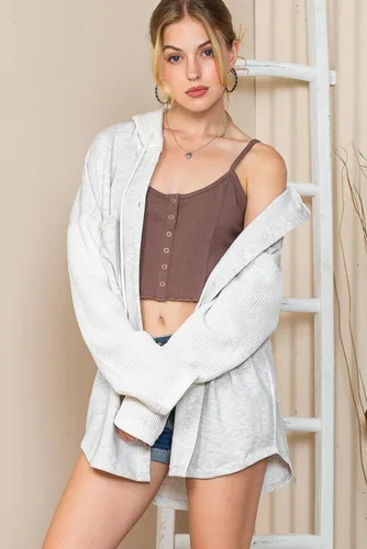 Vista 5 de SHEWIN - Sudadera de gran tamaño para mujer, de ajuste holgado, casual, manga larga, con botones, con capucha y bolsillos a gris
