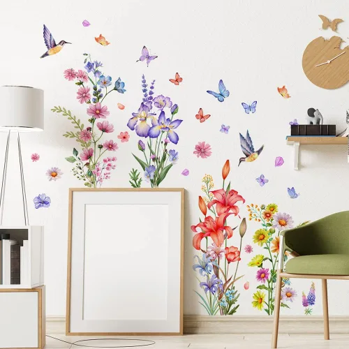 Vista 7 de Calcomanías de pared de plantas botánicas de rosas, 2 hojas de flores, mariposas, calcomanías de pared de PVC extraíbles para niñas, dormitorio Tipo