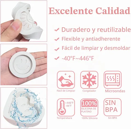 Vista 6 de Moldes de silicona para fondant de cara sonriente (3 unidades), molde de silicona para decoración de pasteles de flores sonrientes para cupcakes