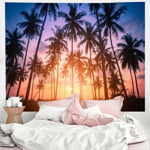 Vista 2 de Hjokiupt Tapiz de playa tropical, puesta de sol, playa, océano, palmera, fantasía, crepúsculo, verano, tapices artísticos para dormitorio, paisaje