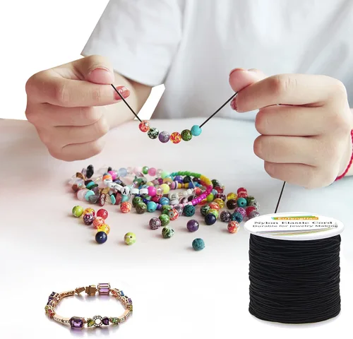 Vista 7 de EuTengHao Cordón elástico de nailon, cordón decorativo de satén negro para hacer pulseras, collares y joyas (0.059 in x 55 yardas)