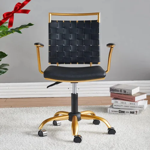 Vista 2 de Silla de oficina moderna de cuero, color dorado y negro, bonita silla de conferencias con respaldo medio con ruedas y brazos, cómoda silla giratoria