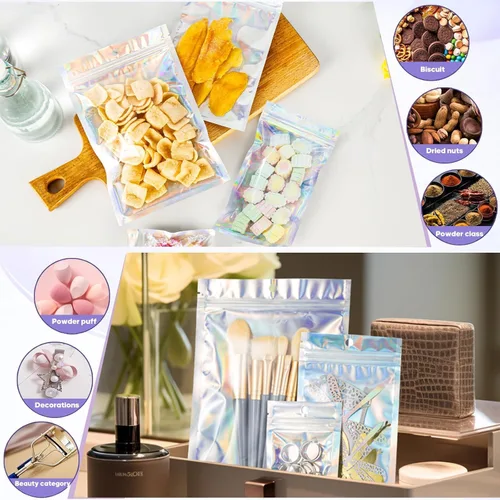 Vista 4 de 100 bolsas de embalaje holográficas, bolsa de papel de aluminio resellable de 2.7x3.9 pulgadas, bolsa de muestra de Mylar ideal para pequeños