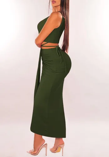 Vista 8 de Conjunto sexy de pollera larga de dos piezas, con división, sin mangas, algodón, para mujer