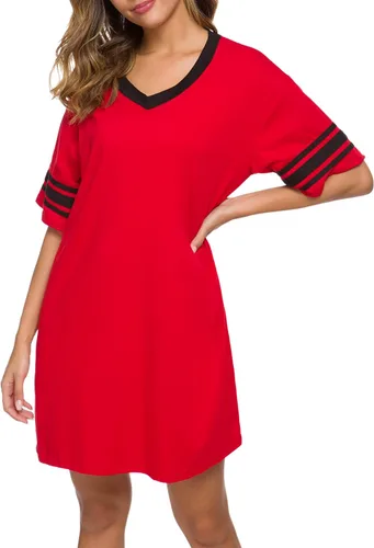Vista 2 de Camisón de manga corta para mujer, con cuello en V, de algodón, holgado, cómodo, pijama, vestido casual para dormir