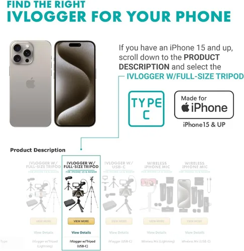 Vista 5 de Movo iVlogger - Kit de vlogging para iPhone con trípode de tamaño completo – Kit de inicio de YouTube compatible con Lightning para creadores