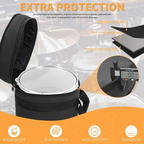 Vista 3 de Juego de 5 bolsas acolchadas para batería de 10mm (0.394") para Tom de 12", Tom de 13", Caja de 14", Tom de piso de 16", Bombo de 22" - Fundas