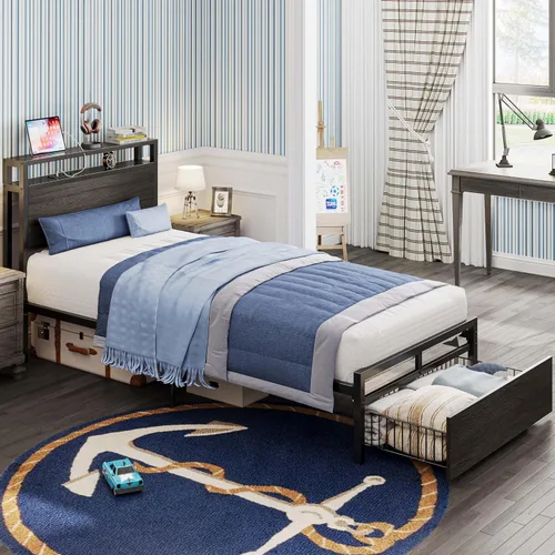 Vista 10 de LIKIMIO - Marco de cama individual con cajón y estación de carga, color marrón oscuro 2-Tier Storage Headboard with Metal Construction Frame, No