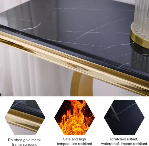 Vista 6 de ACEDÉCOR Mesa consola dorada, mesa de entrada de mármol sintético negro de lujo de 50 pulgadas con base de acero inoxidable en forma de U dorada
