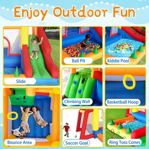 Vista 2 de Baralir Casa de rebote 7 en 1 para niños de 3 a 10 años, castillo hinchable con tobogán largo, piscina para niños (pozo de pelota), portería