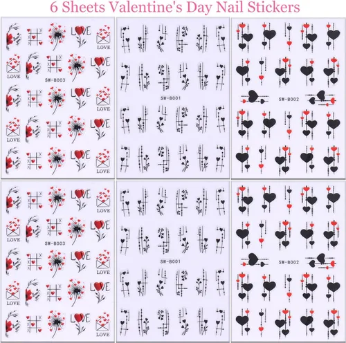 Vista 4 de Calcomanías de uñas de San Valentín, 6 unidades, calcomanías de uñas de corazón 3D, autoadhesivas, calcomanías de arte de uñas, diseño de flores