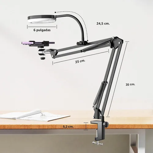 Vista 6 de Soporte de cámara superior con anillo de luz, brazo flexible articulado para teléfono compatible con iPhone, webcam Logitech, trípode de escritorio