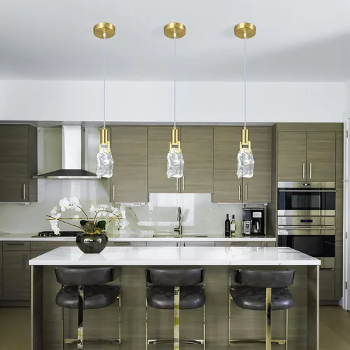 Vista 3 de Modernas luces colgantes doradas para isla de cocina, lámpara colgante de cristal irregular transparente, mini luces colgantes LED para cocina