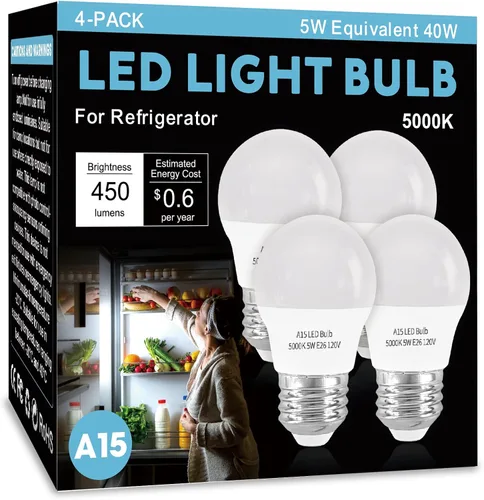 Vista 8 de LED Refrigerator Light Bulb 2 Pack，Soft White 2700K 120V 40W Equivalent Appliance Bulb，A15 5W E26 Base Waterproof Fridge Light Bulbs for Freezer