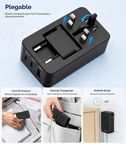 Vista 5 de Jasput Adaptador de viaje universal de 25 W, mini adaptador ultrafino con 2 USB-C y 1 USB-A, carga rápida para teléfonos inteligentes, tabletas