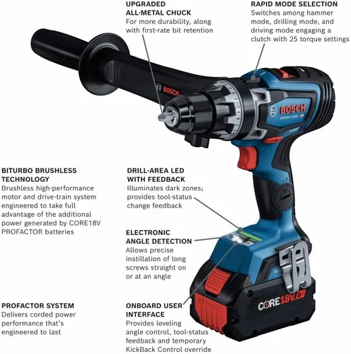 Vista 2 de BOSCH GSR18V-1330CB14 PROFACTOR 18V Kit de taladro/controlador de 1/2 pulgada listo para conectarse con (1) batería de alta potencia CORE18V de 8 Ah