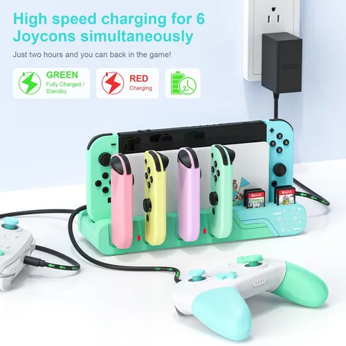 Vista 4 de Switch Controller Charging Dock - Animal Crossing & Switch OLED Model Joycons, Charges up to 6 Joycons with Game Card Storage Stand