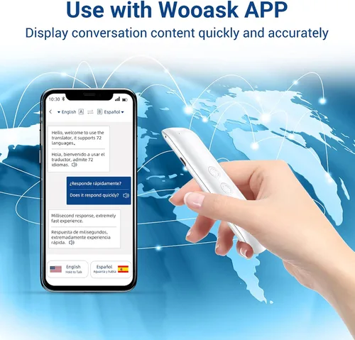 Vista 4 de XURPURTLK Dispositivo de traductor de voz de idiomas Traducciones de 2 vías en tiempo real compatible con 72 idiomas para viajar, aprender compras