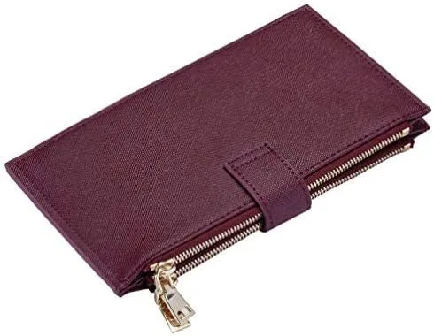 Vista 5 de Travelambo Billetera para mujer con bloqueo RFID plegable para múltiples tarjetas con bolsillo con cremallera, Rojo vino, Minimalista
