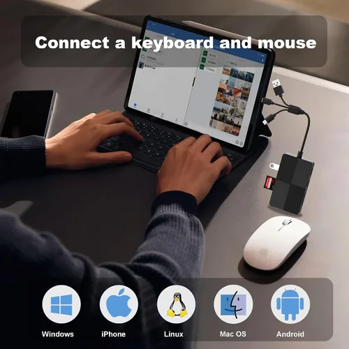 Vista 5 de Lector de tarjetas de memoria 8 en 1 con 3 puertos USB, adaptador Lightning/USB-C/USB-A para iPhone/Android/PC/Mac, compatible con tarjetas