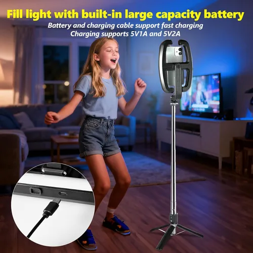 Vista 5 de Luz plegable para selfie con soporte, soporte extensible de 54 pulgadas para teléfono con luces LED regulables y control remoto, trípode de luz