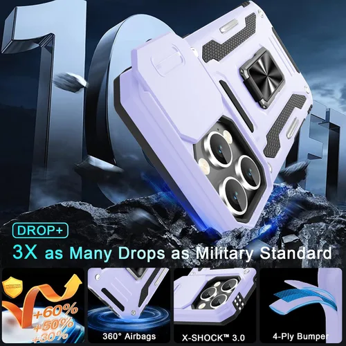 Vista 228 de DEERLAMN Funda para iPhone Xs Max con funda deslizante para cámara + protector de pantalla, soporte giratorio de anillo de grado militar a prueba