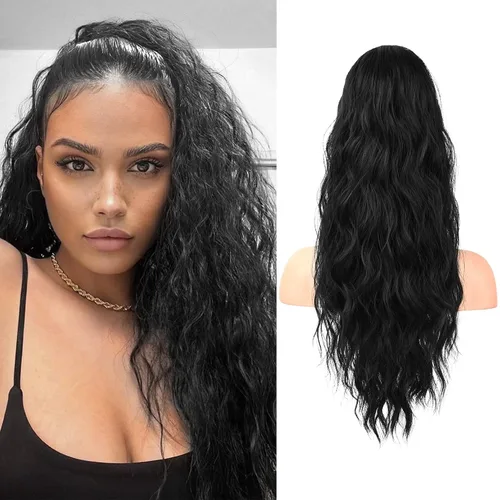Vista 33 de FLUFYMOOZ Extensión de cola de caballo de 22 pulgadas, extensiones de cabello sintético ondulado largo y rizado para mujer