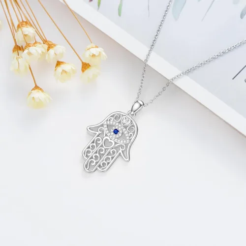 Vista 3 de Hamsa - Collar con dije de amuleto de mano de Fátima de plata de ley 925, collar con dije de Hamsa contra el mal de ojo, joyería de buena suerte